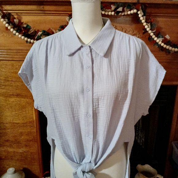 Elegant Light Blue Tie-Front Blouse - Picture 2 of 10